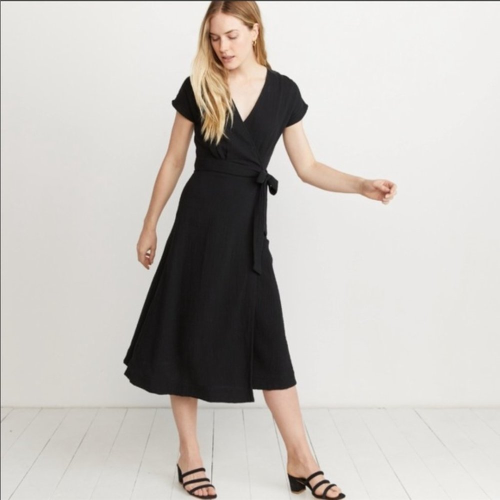 MARINE LAYER | Black Maddie Gauze Wrap Midi Dress S